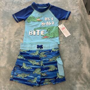 NWT Mick Mack Swim Short Set Baby Boys 12‎ MO Blue Alligator Let's Grab a Bite